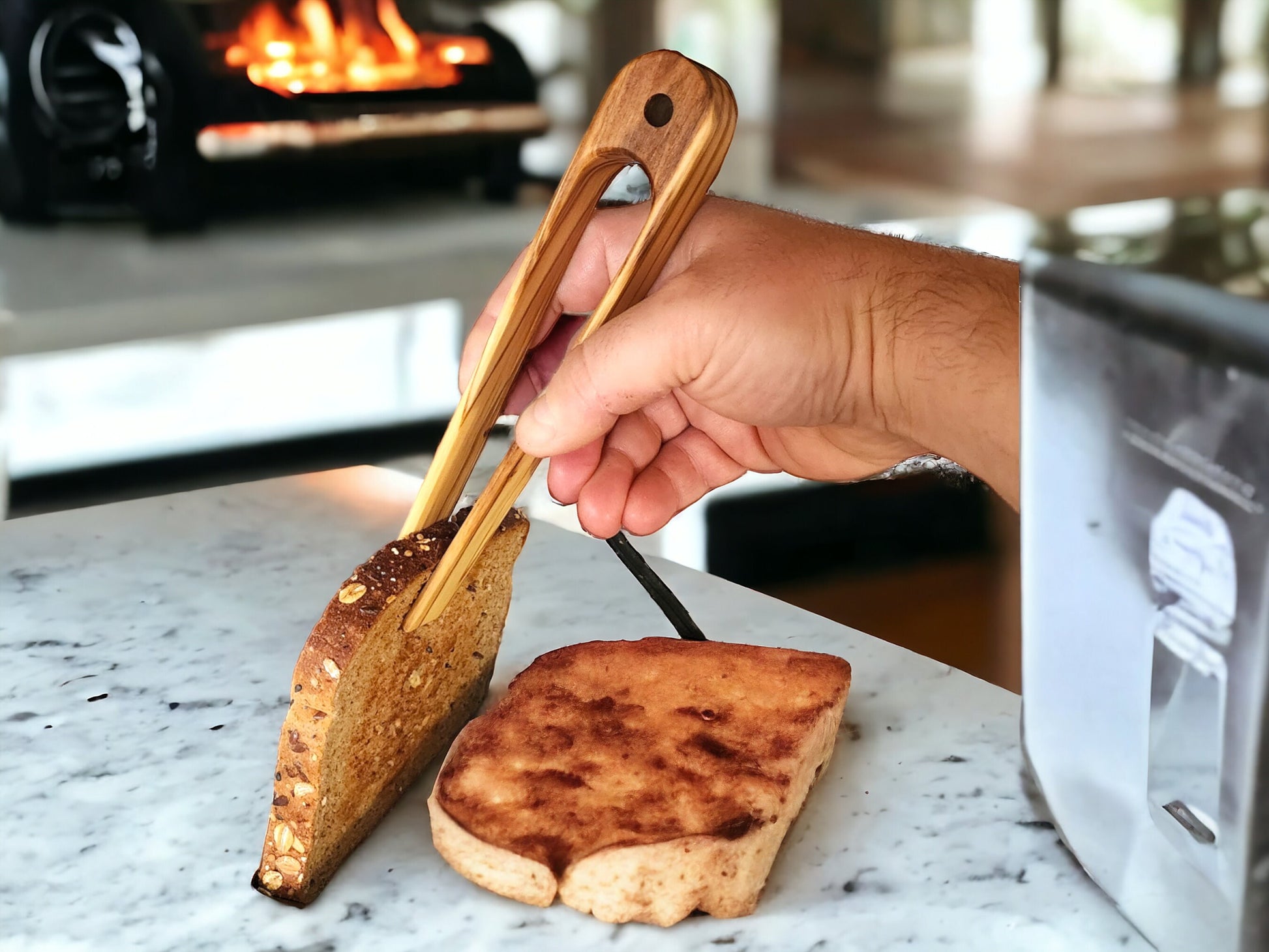 Toast Tongs Olive Wood, Handmade Kitchen Utensil, Natural Wooden Bread Tongs, Eco-Friendly, Rustic Design