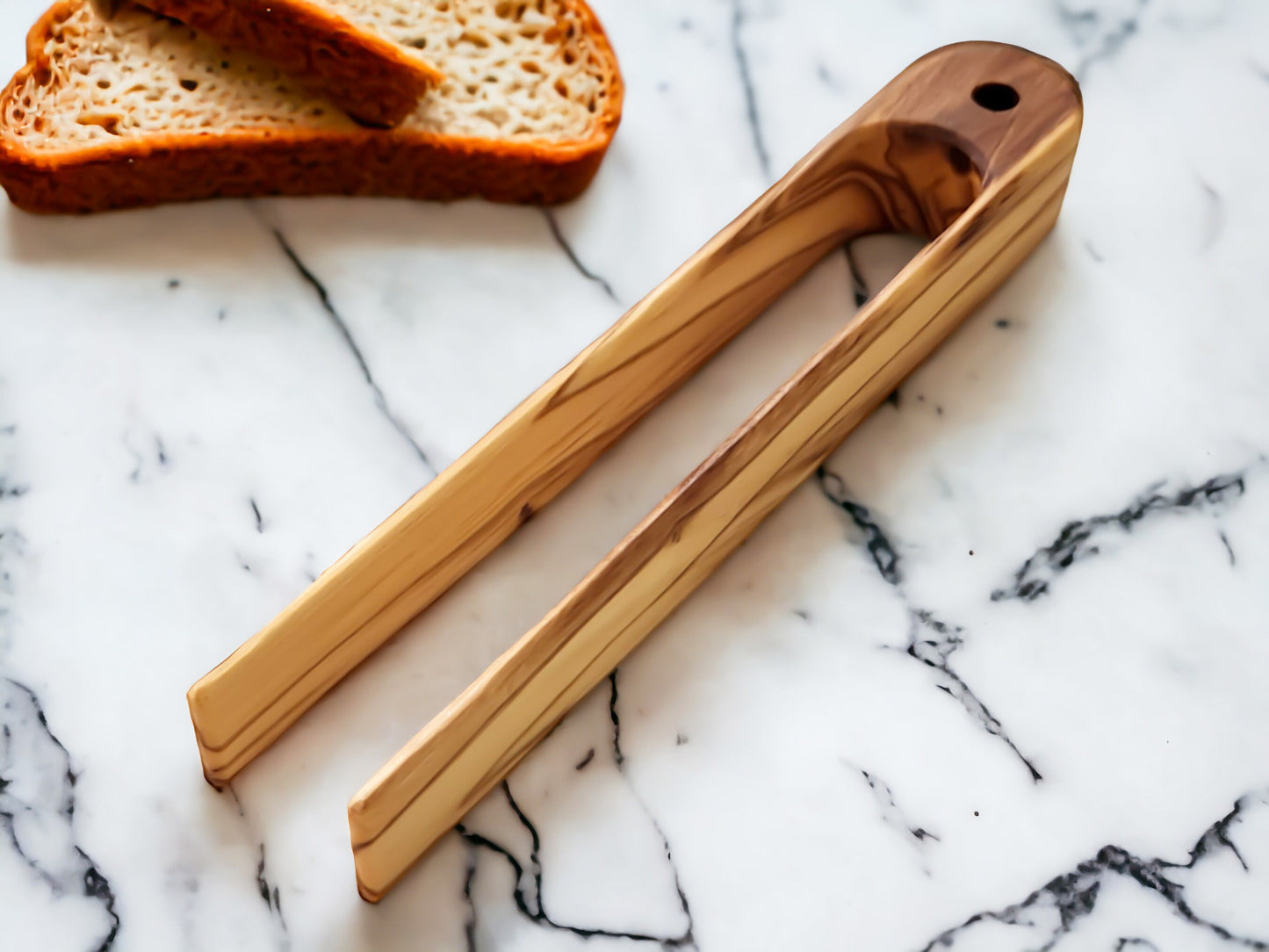 Toast Tongs Olive Wood, Handmade Kitchen Utensil, Natural Wooden Bread Tongs, Eco-Friendly, Rustic Design