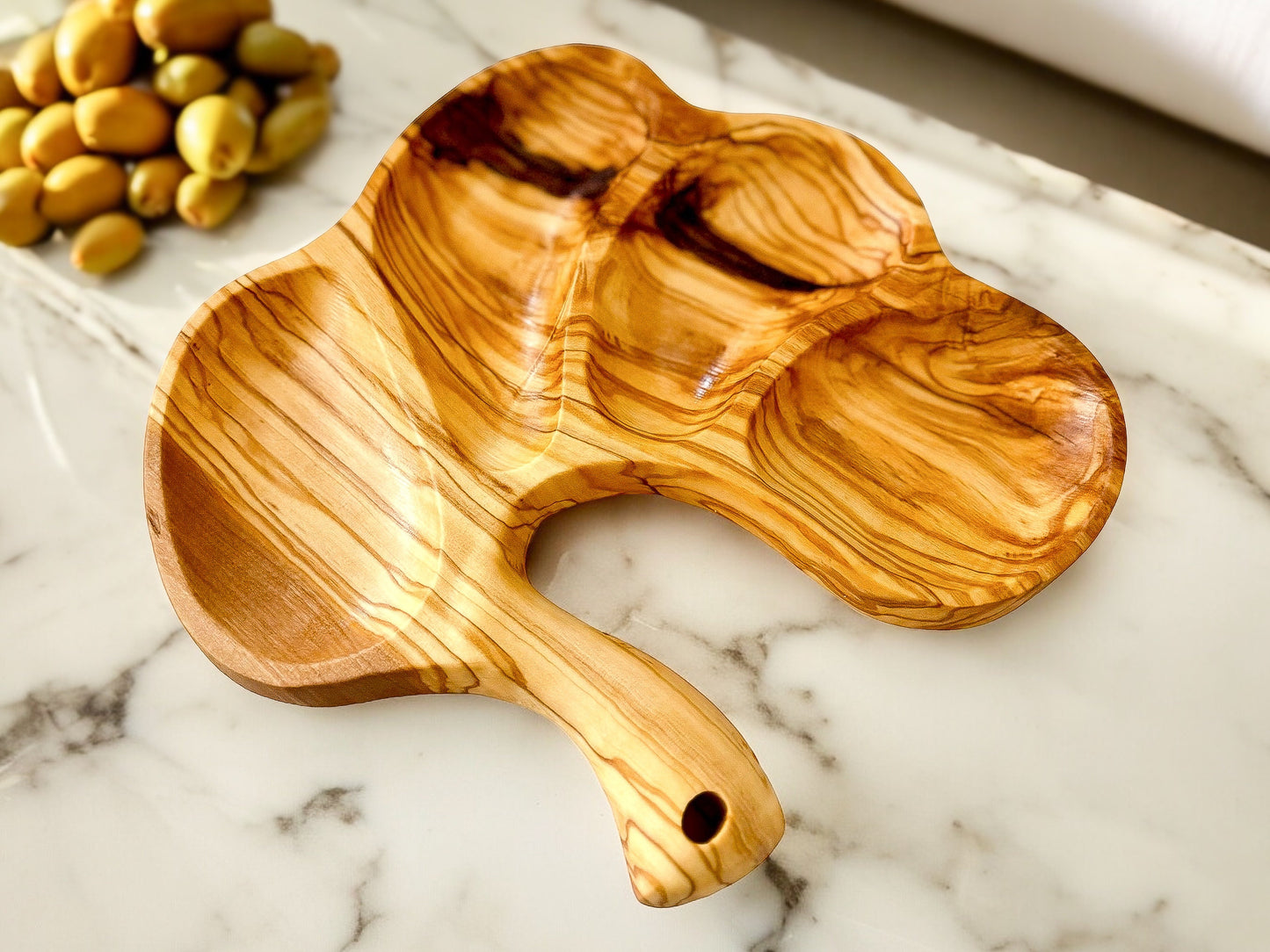 Olive Wood Serving Tray for Appetizers, Tapas Platter, Cheese Plate, Snack Dish, Nut Bowl, Candy Server, Entertaining Board