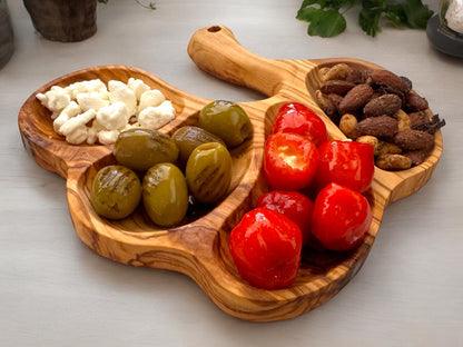 Olive Wood Serving Tray for Appetizers, Tapas Platter, Cheese Plate, Snack Dish, Nut Bowl, Candy Server, Entertaining Board